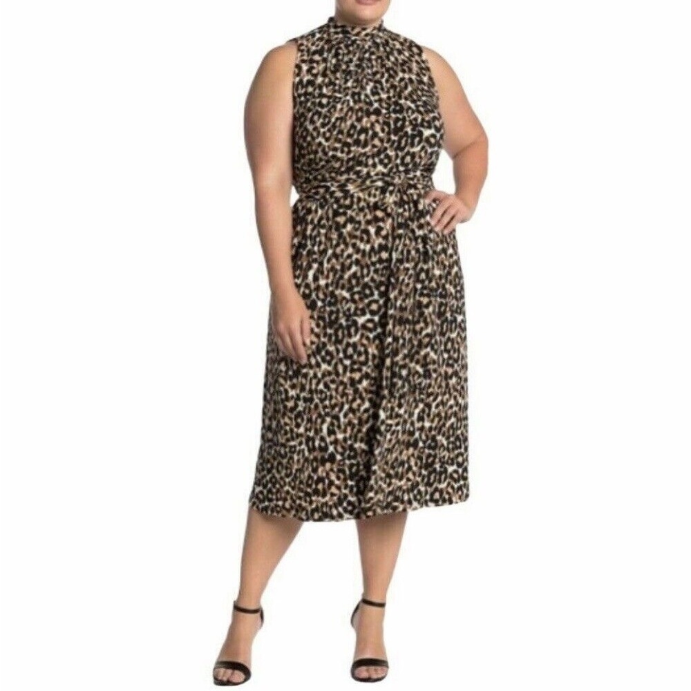 Leota Jersey Leopard Print Midi dress size 3X Sleeveless Mock neck